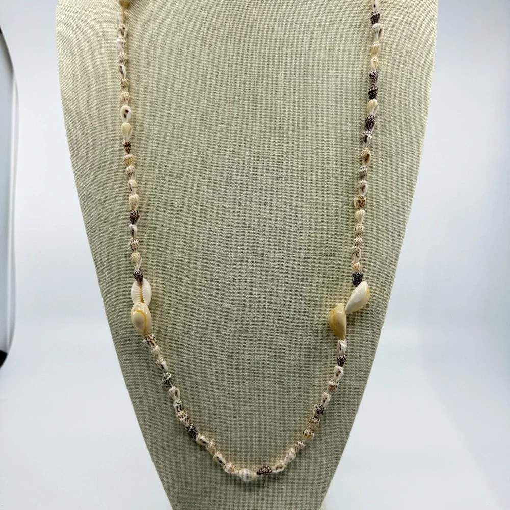 Natural Cowrie Seashell Station Long Necklace Coastal Beach Boho Jewelry Gift